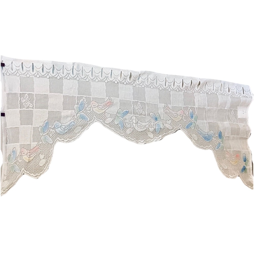 VTG Butterfly Bird Colored Sheer Lace Curtain Valance 28"x60" Cottage Romantic
